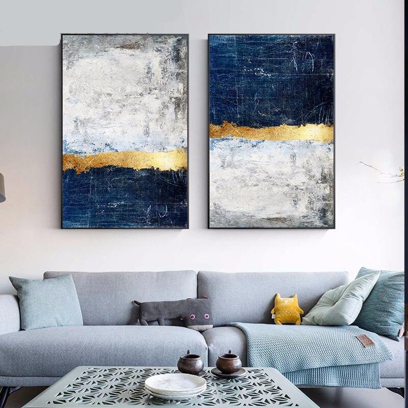 Abstract Gold Foil Block Painting Blue Poster Print Modern Golden Wall Art Picture For Living Room