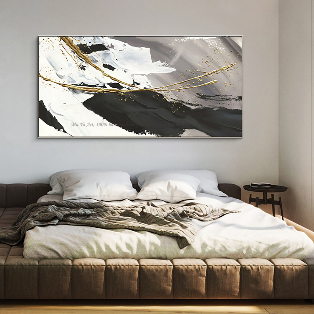 Hand Painted Oil Painting Canvas Abstract Black And White Gold