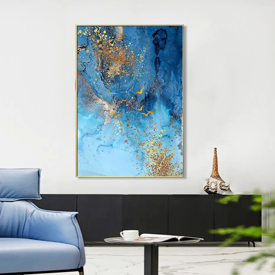 Modern Abstract Gold Blue Marble Texture Canvas Painting Posters And Prints Wall Art Pictures For Living Room Office Home Decor